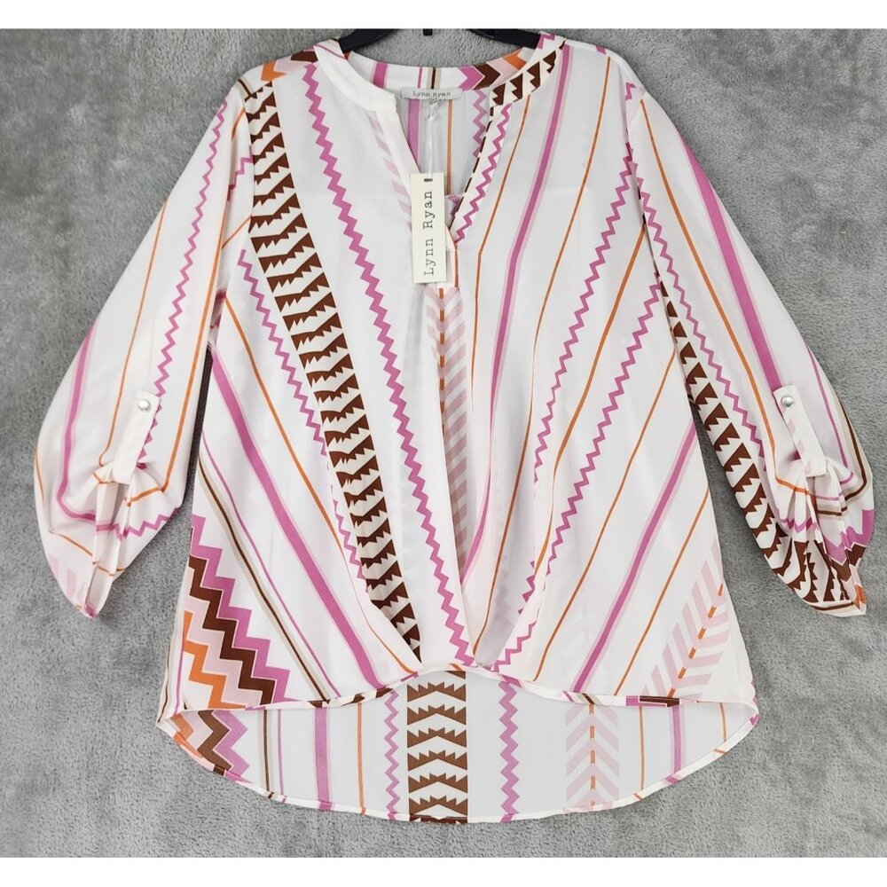 Lynn Ryan Shirt Womens 1X Multicolor Southwestern Roll Tab Sleeve Tunic Blouse